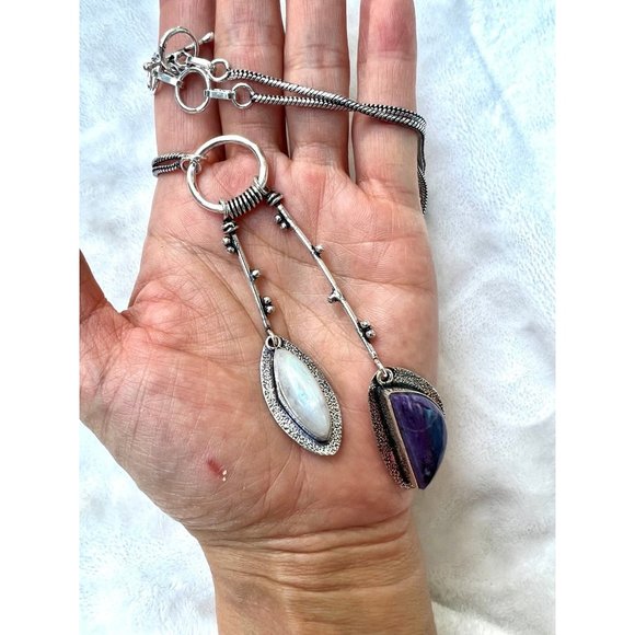 Handmade Jewelry - 925 Lariat Style Rainbow Moonstone + Charoite Necklace Pendant